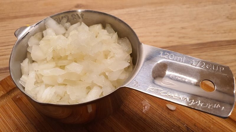 Egg salad chopped onions measuring cup
