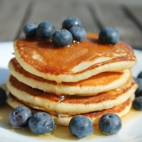 Pancakes with blueberry topping feature
