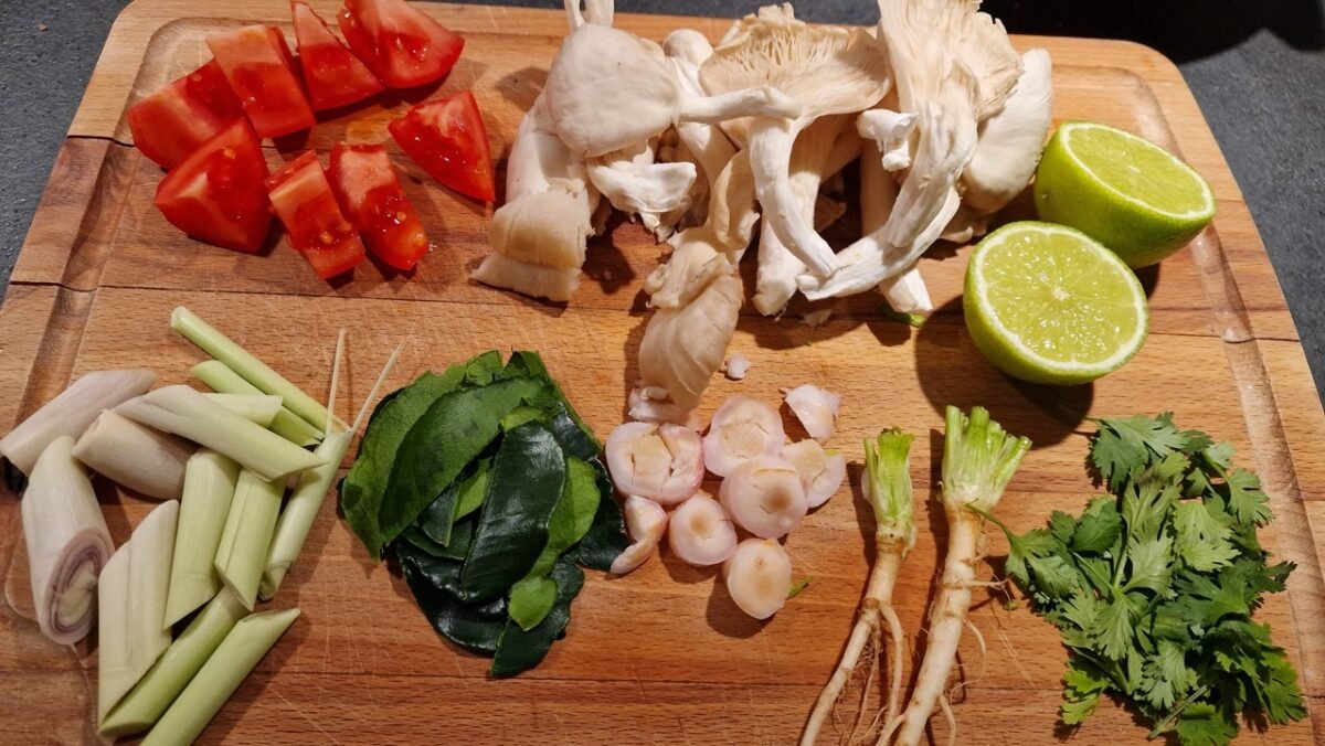 Preparing tom yum ingredients