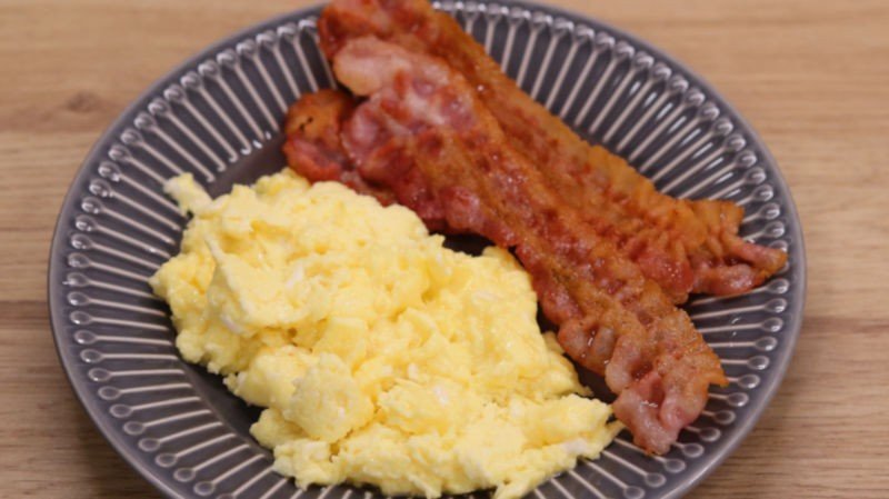 Scrambled eggs cheddar cheese bacon