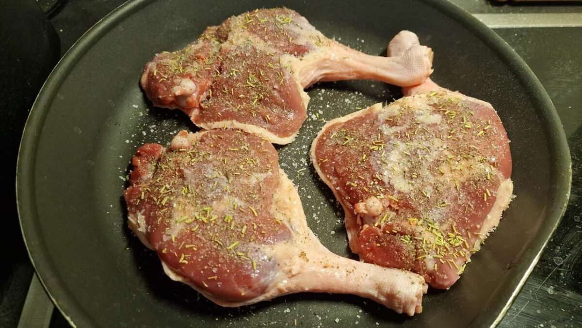 Pre-Searing Duck Legs in a Skillet Before Grilling 1