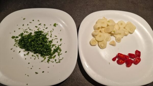 Preparing the ingredients for gambas al ajillo