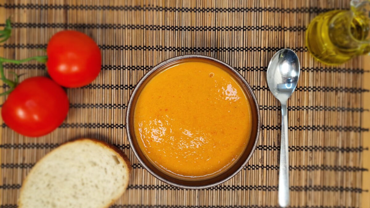 Overhead view of chilled gazpacho