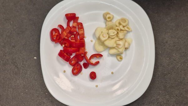 Sliced chili and garlic for the recipe