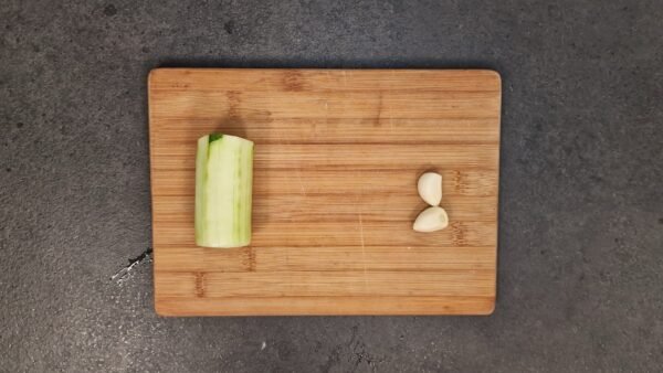 Peeled English cucumber and garlic for gazpacho