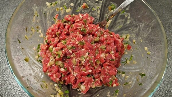 Diced beef folded together with the seasonings