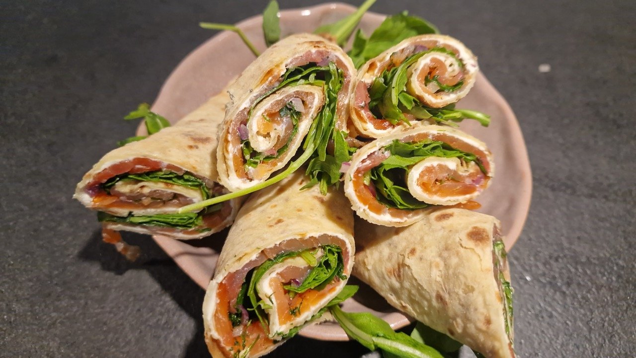 Norwegian smoked salmon lompe rolls