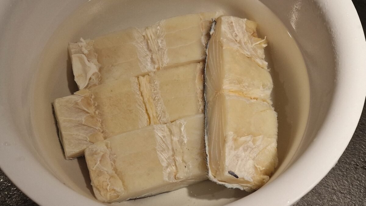 Salt cod immediately after being placed in soaking water