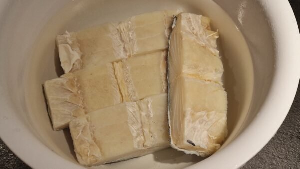 Salt cod immediately after being placed in soaking water