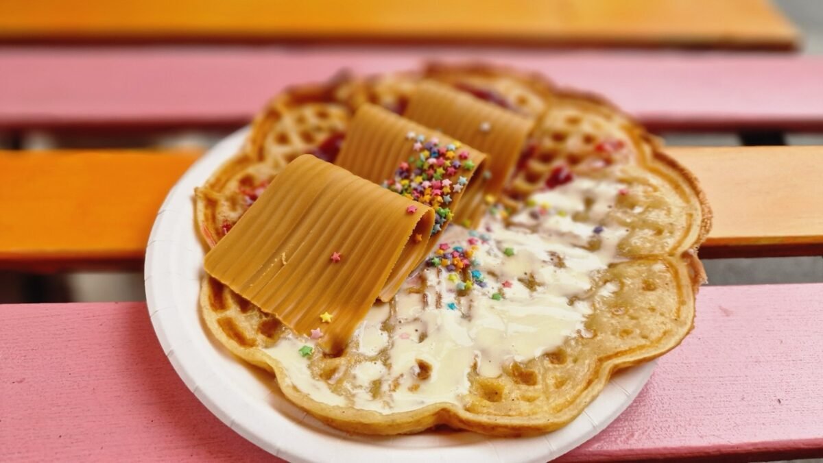 Norwegian "waffle" at Haralds Vaffel in Oslo with typical Norwegian toppings
